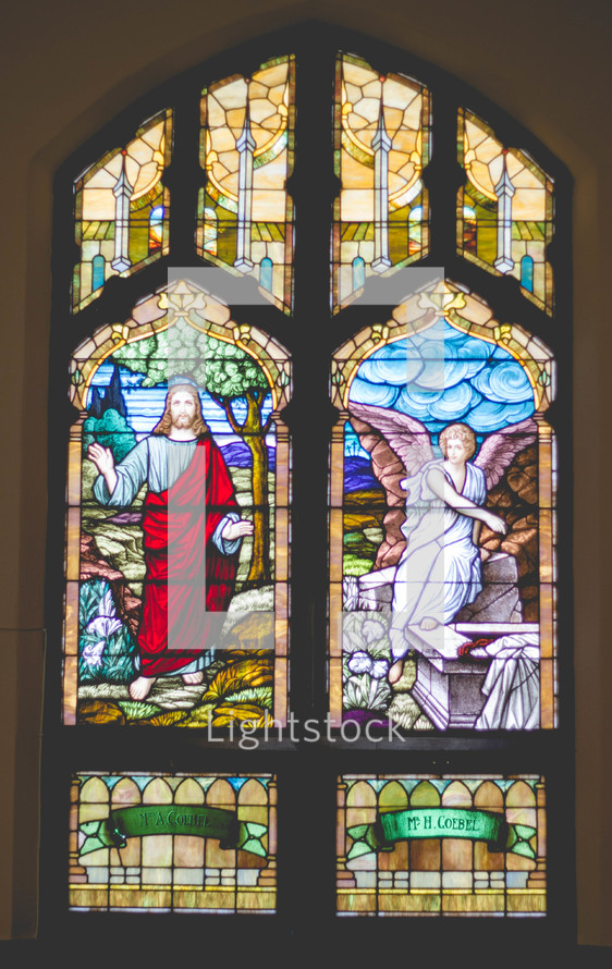Jesus and angel stained glass windows