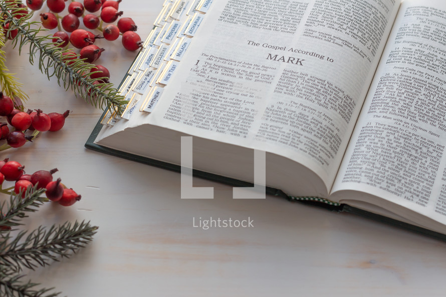 A Catholic Bible opened to Mark at Christmas 
