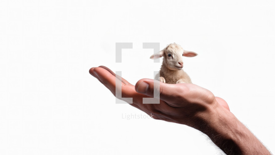 A young sheep in the hands of Jesus.