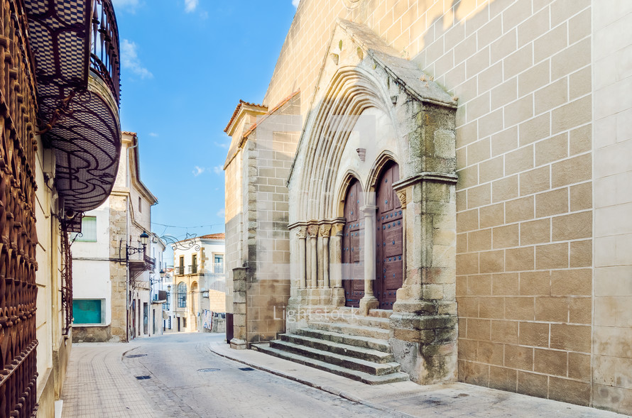 Church of the Incarnation and old street in Valencia de Alcantara, Caceres, Extremadura, Spain