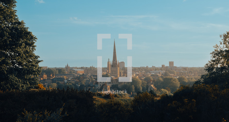 Norwich City Cathedral and skyline, beautiful English town landscape, tall historic landmark