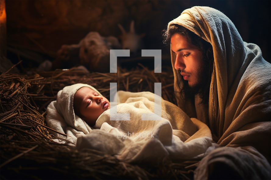 Joseph and Baby Jesus laying in the manger