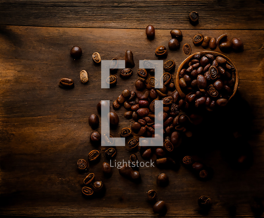 Coffee beans on a wooden tabletop
