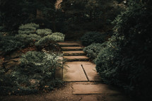 a set of stone stairs outdoors in the middle of greenery