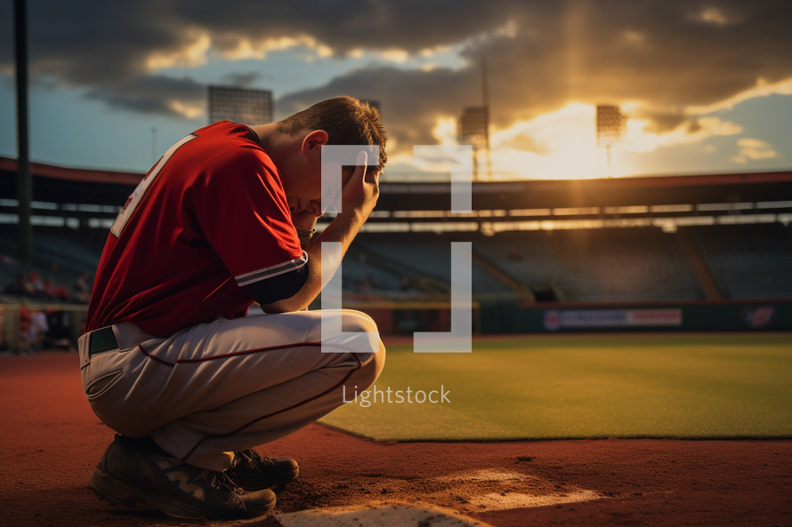 Baseball player praying before a game