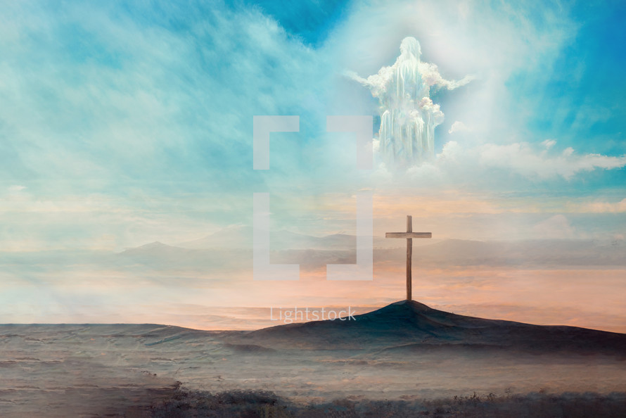 Jesus Christ in clouds of heaven over cross - ascension Christ return. Second coming of Christ. Shining cross on Calvary hill, sunrise, sunset sky background. Ascension day concept. Christian Easter