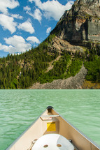 stern of a canoe on a mountain lake 