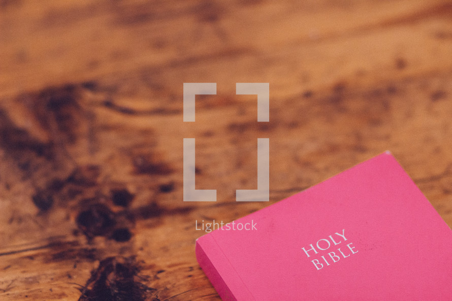 A bright pink Bible on a wooden surface.