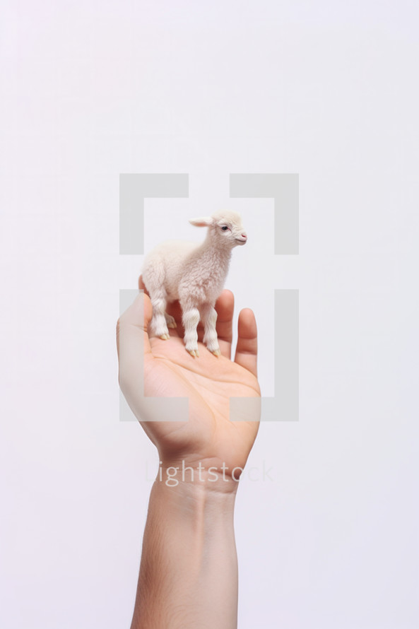 A sheep standing in the palm of a man's hand
