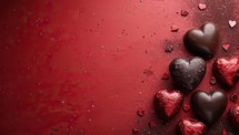 Valentine's day background with chocolate hearts on a red background