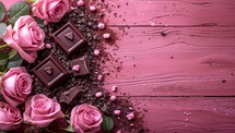 Chocolate with pink roses on pink wooden background. Top view.