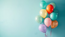 Colorful balloons on a blue background with copy space for text.