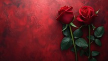 Red roses on red background with copy space. Valentines day background.