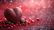 Valentines day background with red heart and chocolate candies.