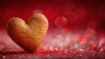 Heart shaped cookie on red bokeh background with copy space