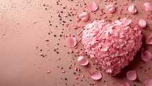 Pink heart on a pink background with rose petals and seeds.