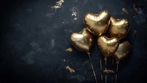 Golden heart-shaped balloons on a dark background. Valentine's day concept.
