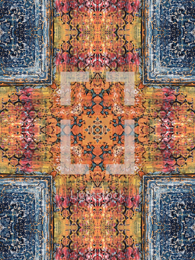 orange, red, yellow and blue encaustic textures mirrored to create a cross shape