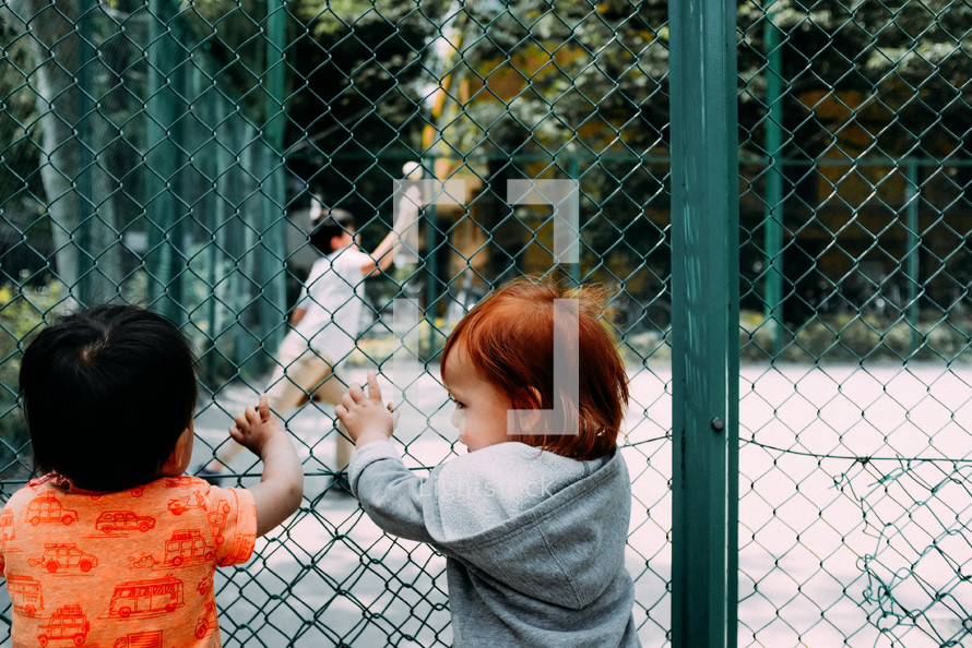 toddlers looking through a chain link fence 