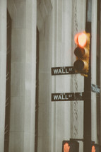 Wall Street street sign with a red stop light and son't walk signal on