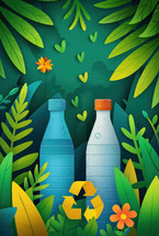 Illustration of plastic bottles with recycling symbol surrounded by lush green foliage and flowers. Ideal for promoting recycling, environmental awareness, and sustainability.