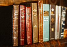 row of Bibles on a bookshelf 