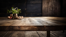 A empty dining table made in natural oak. Se in a dark studio environment.