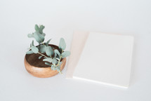 eucalyptus sprig in a wooden bowl and stationary 