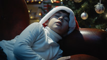Kid with Christmas hat falling asleep on the sofa