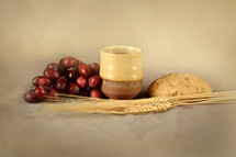 bread and wine, communion, wheat grains, grapes, cup