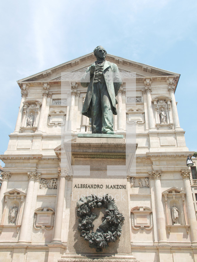 Statue of writer Alessandro Manzoni in front of San Fedele church, Milan, Italy