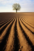 Lonely tree on a ploughed field in the spring