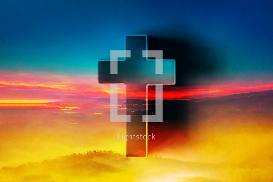 Shining cross on Calvary hill, sunrise, sunset sky background. Copy space. Ascension day concept. Christian Easter. Faith in Jesus Christ. Christianity. Church worship, salvation concept. Gate to heaven. Eternal life of soul
