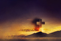 Silhouette of christian cross on mountain hill background. Copy space. Faith symbol. Church worship, salvation concept. Faith symbol in Jesus Christ. Holy cross for Easter day. 