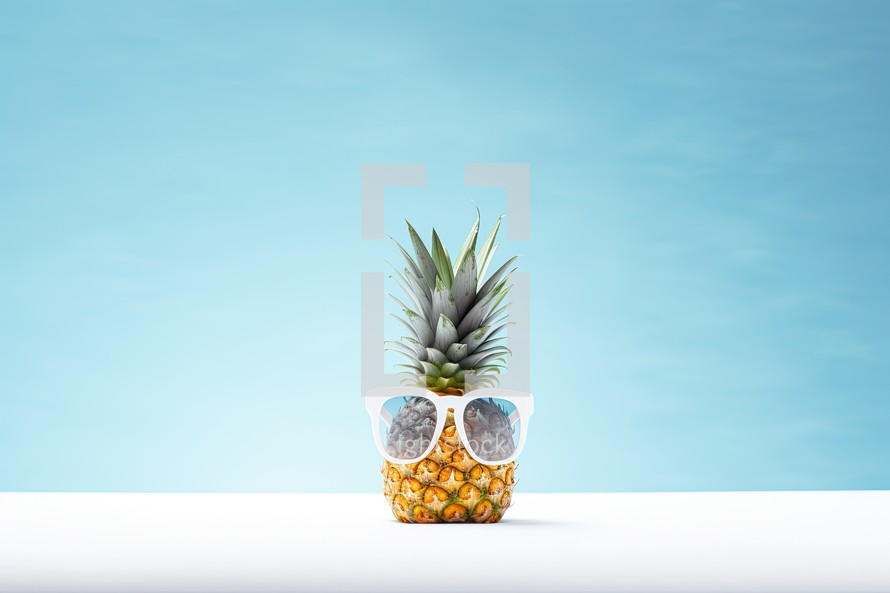 Pineapple wearing sunglasses on white table with blue background. 3D Rendering