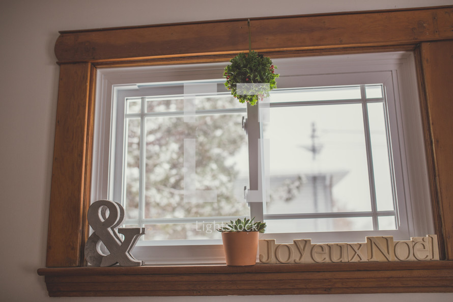 mistletoe hanging in a window 