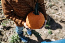 a child holding an orange pumpkin 