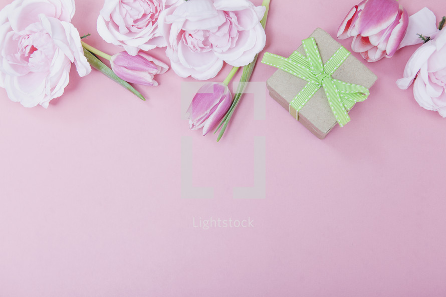 Pink Gift Background with Spring Flowers