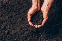 Hand holding hovel in his hand over soil background. Agriculture, organic gardening, planting or ecology concept.