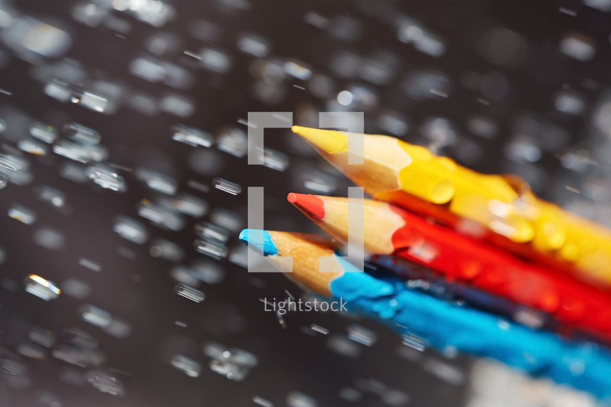 yellow, blue, Red colored pencils under the rain