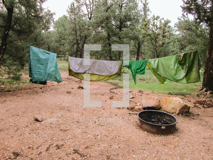 clothes drying on a clothesline at a campsite 
