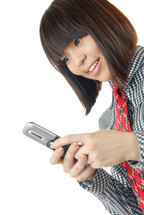 smiling lady reading or writing sms