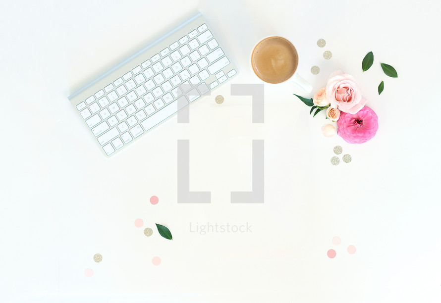 keyboard, leaves, flowers, sparkles, dots, coffee, mug, workspace, desk, home office