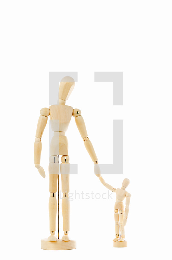 Wooden mannequins figures doll father and son isolated on white background
