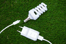 Energy saving bulb and electric plug in the grass