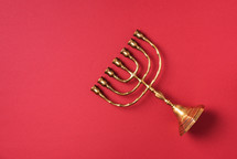 Golden hanukkah menorah. Jewish holiday banner with copy space. Ancient ritual religious candle menorah