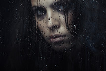 sad woman's face behind wet glass 