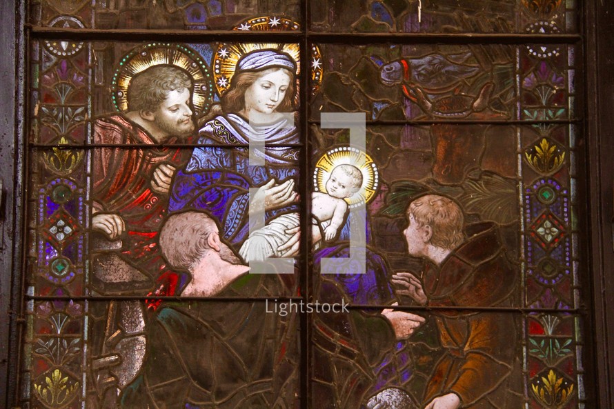 Biblical scene Mary, Joseph and the Baby Jesus stained glass window 