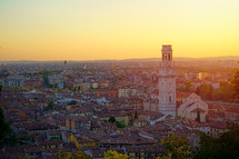 Verona, Italy at summer sunset, sun lens flare