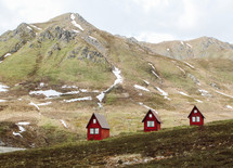 Red cabins in the Mountains of Alaska